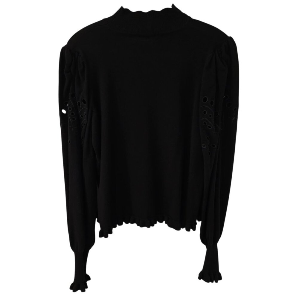 JOSEPH A. Sweater Women's Size L Black Open Floral Detailed Arms Ruffle Trim